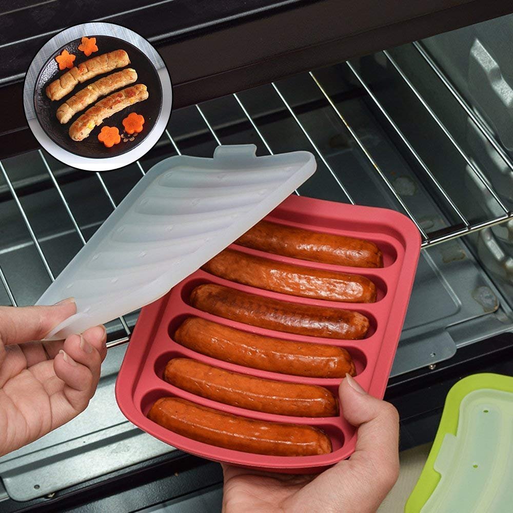 beicemania® Hot Dog Trays Sausage Tray Food Moulds Cooking Moulds Food Grade Silicone Mould for Instant Pot with Lid, Red