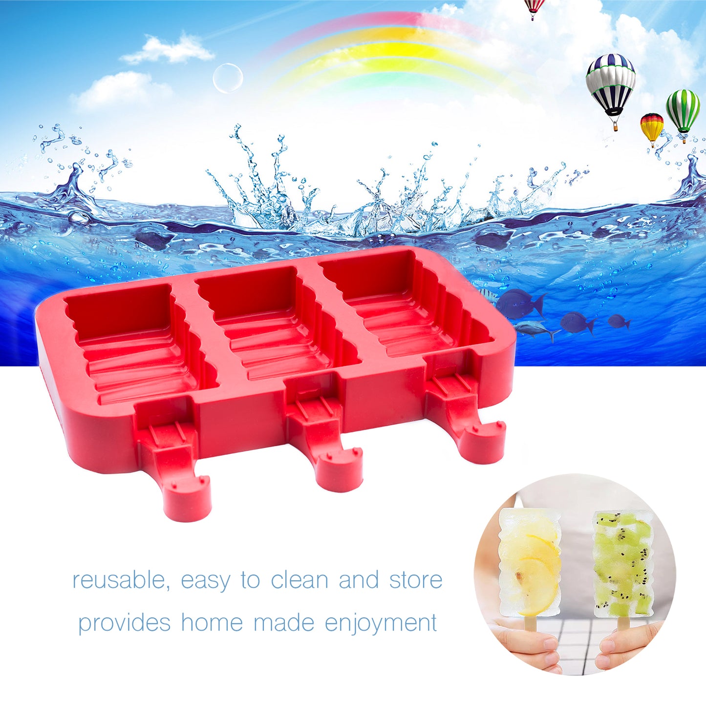 beicemania® Ice Lolly Mold Rectangle Square Swirl Ice Lolly Maker Red Popsicle Mold Silicone With Wooden Popsicle Sticks