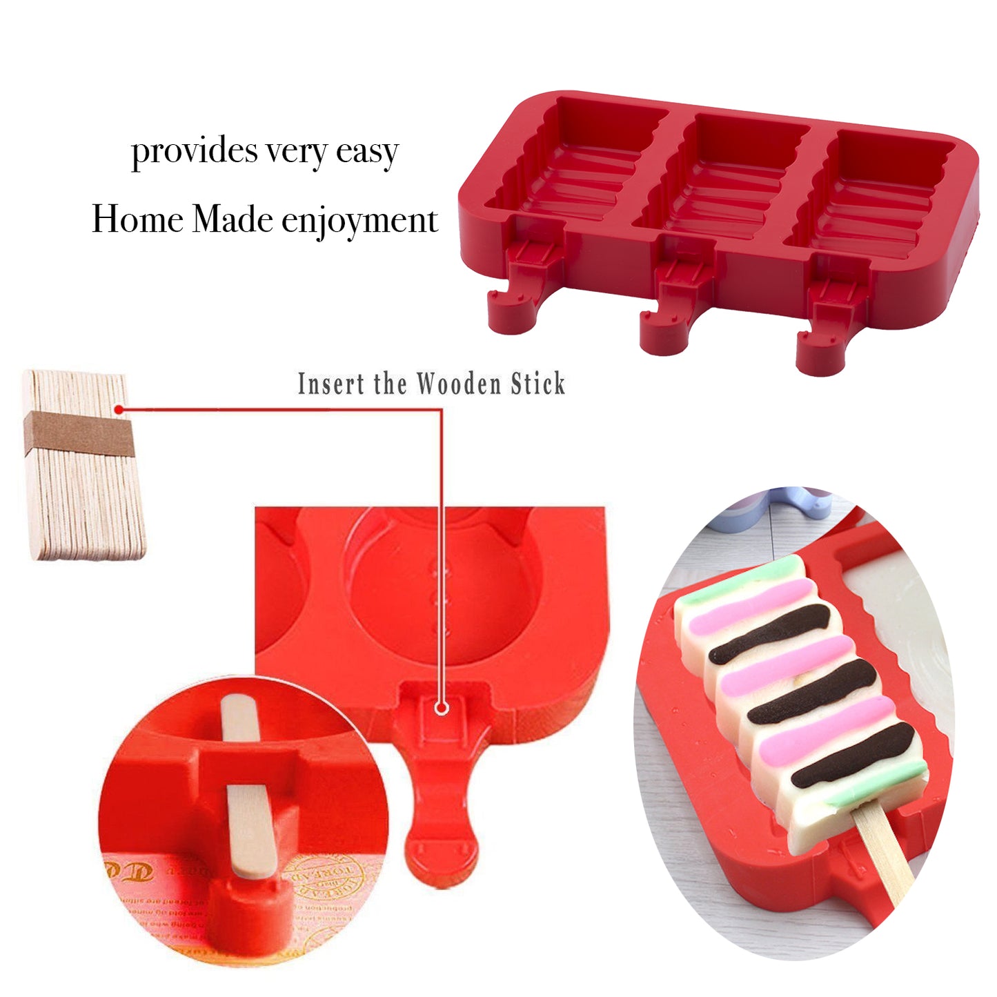 beicemania® Ice Lolly Mold Rectangle Square Swirl Ice Lolly Maker Red Popsicle Mold Silicone With Wooden Popsicle Sticks