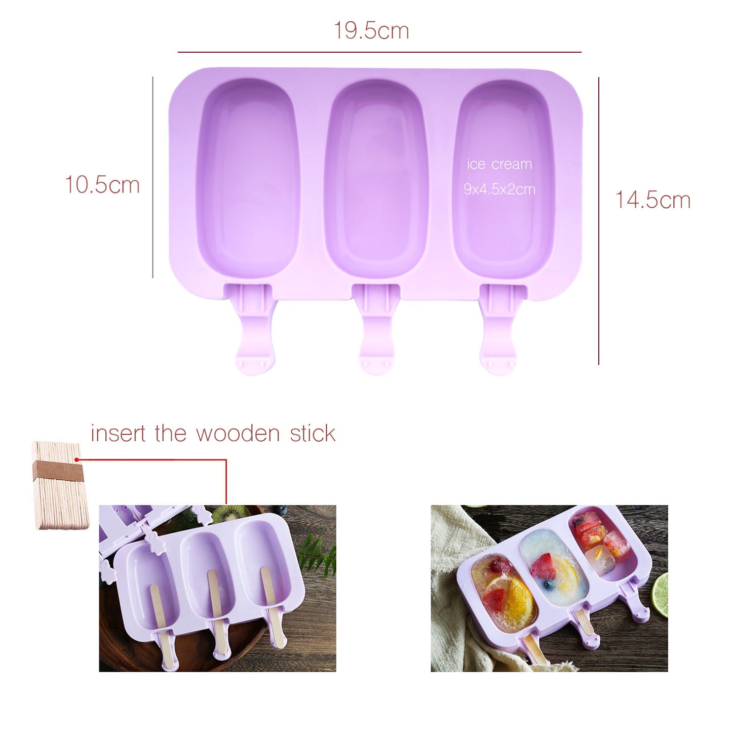 beicemania® Oval Silicone Ice Lolly Mold With Wooden Popsicle Sticks Classic
