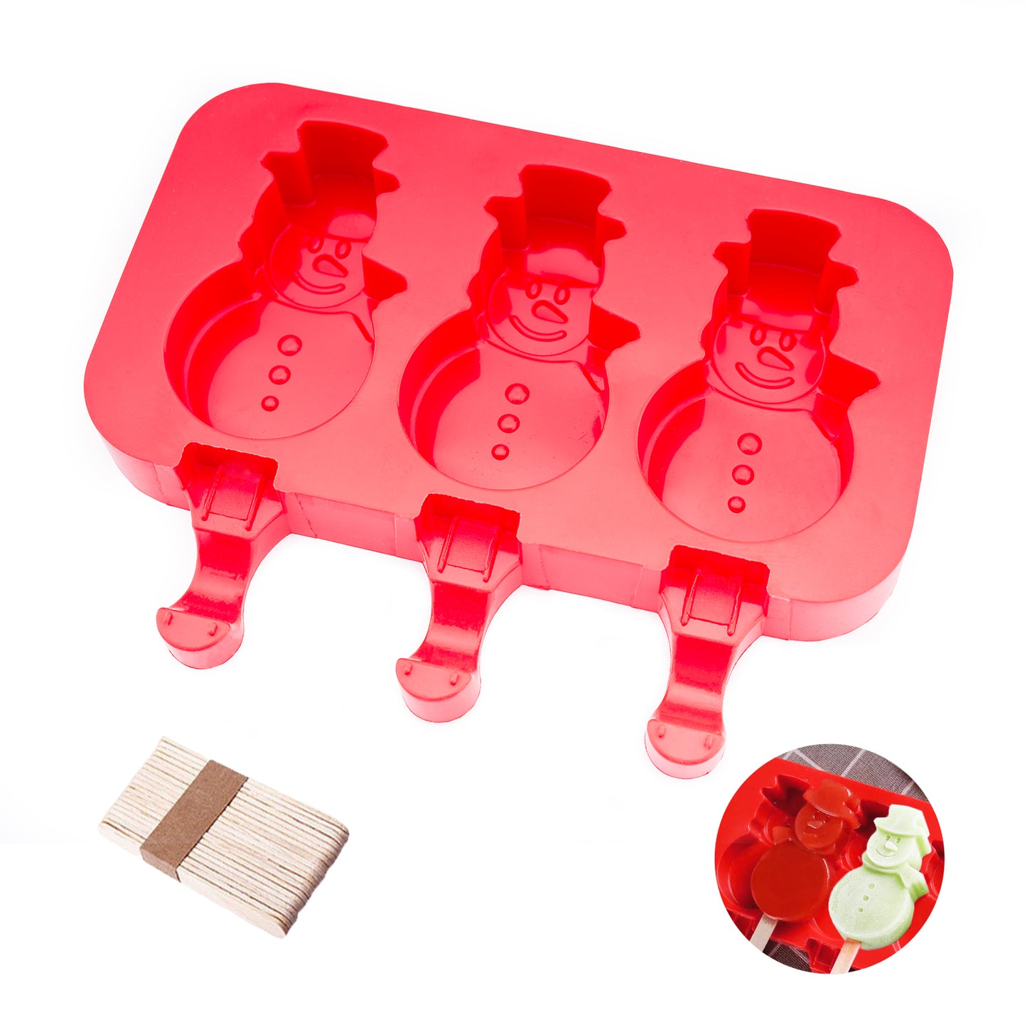 beicemania® Ice Lolly mold Snowman Ice Lolly Maker Red Popsicle mold Silicone with Wooden Popsicle Sticks