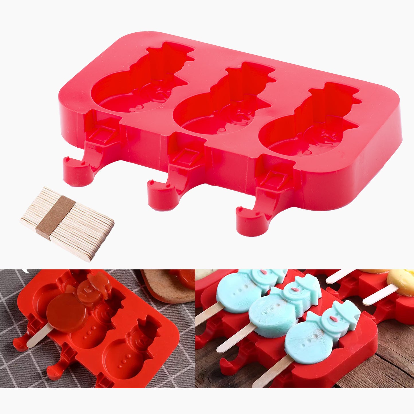 beicemania® Ice Lolly mold Snowman Ice Lolly Maker Red Popsicle mold Silicone with Wooden Popsicle Sticks