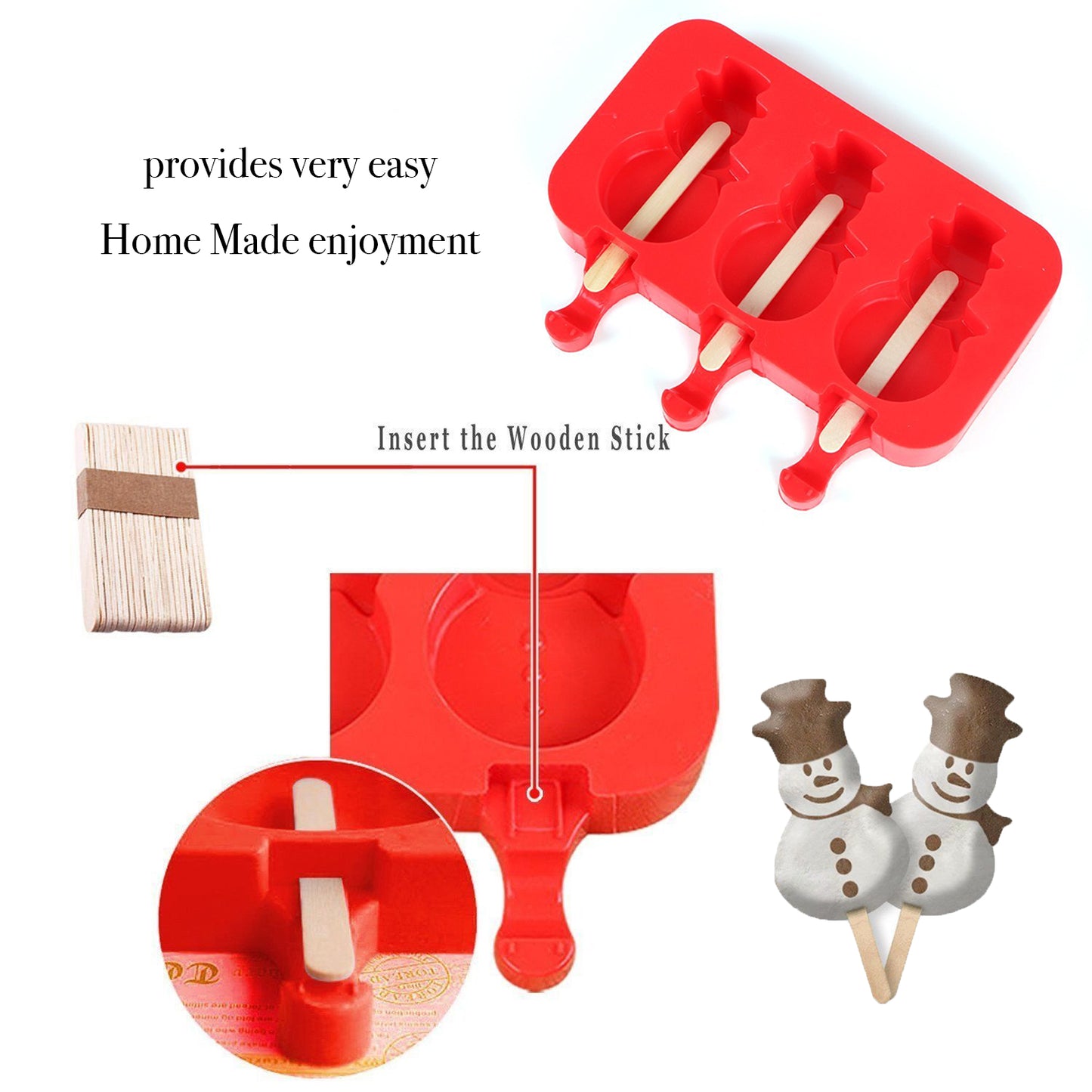 beicemania® Ice Lolly mold Snowman Ice Lolly Maker Red Popsicle mold Silicone with Wooden Popsicle Sticks