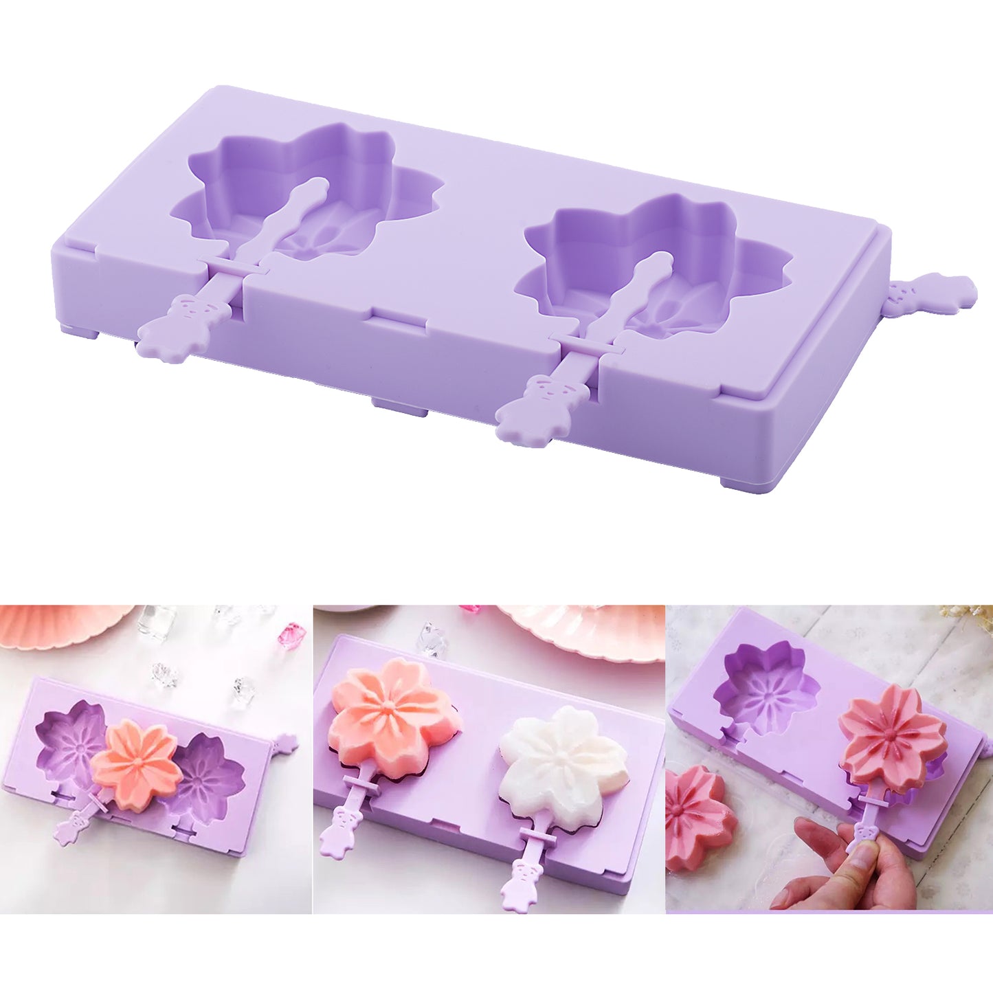 beicemania® Stackable Ice Lolly mold Flower Cherry Blossom Sakura Ice Lolly Maker Violet Popsicle mold Silicone with Resuable Popsicle Sticks