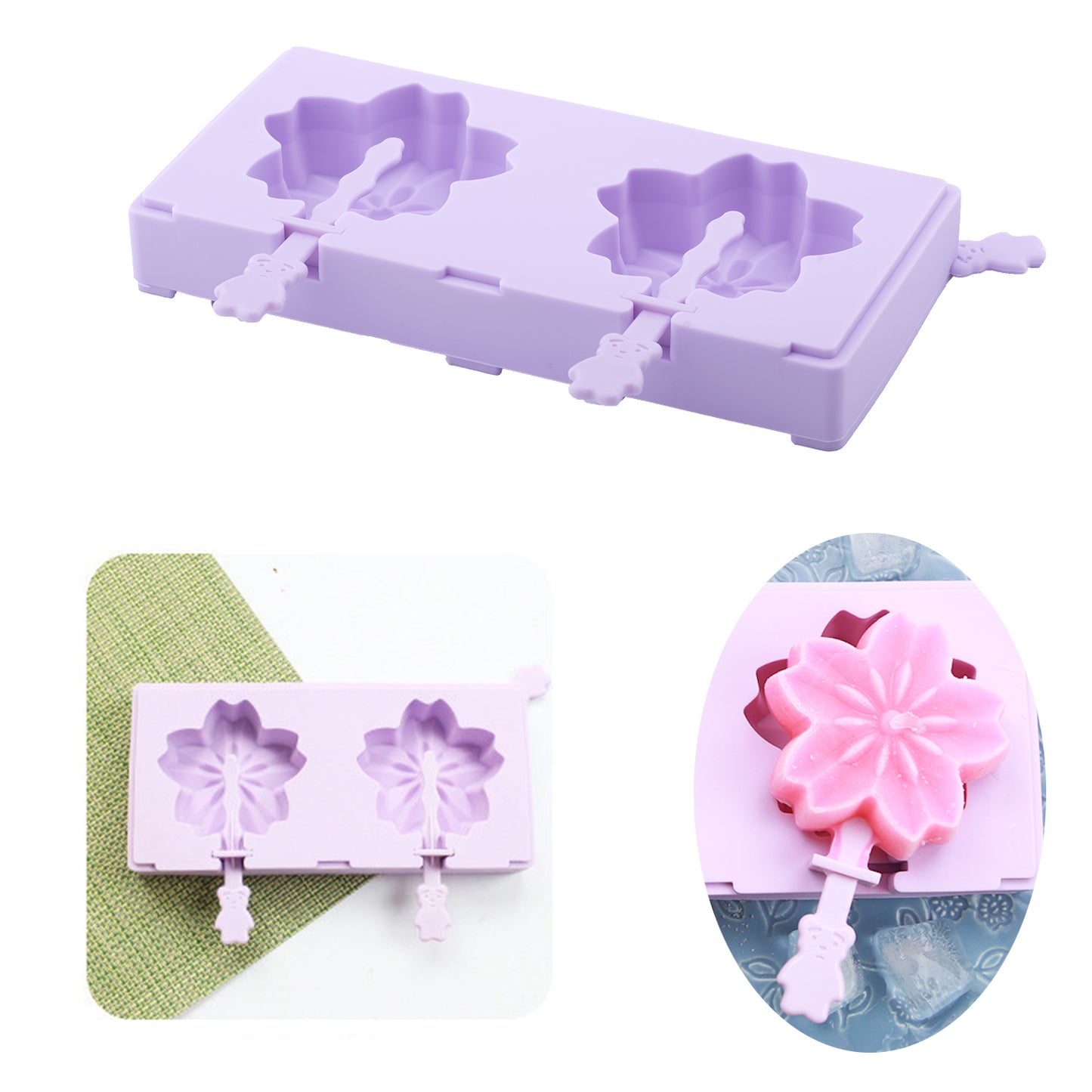 beicemania® Stackable Ice Lolly mold Flower Cherry Blossom Sakura Ice Lolly Maker Violet Popsicle mold Silicone with Resuable Popsicle Sticks