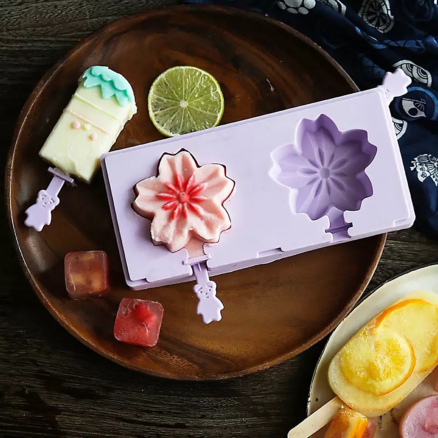 beicemania® Stackable Ice Lolly mold Flower Cherry Blossom Sakura Ice Lolly Maker Violet Popsicle mold Silicone with Resuable Popsicle Sticks