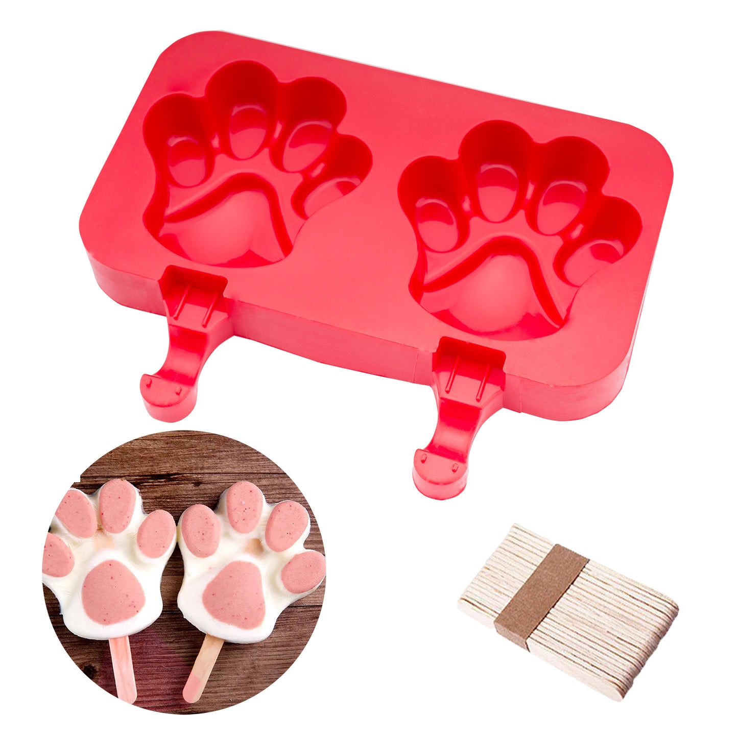 beicemania® アイスキャンデー型 Paw Ice Lolly Maker Paw アイスキャンデー型 シリコーン 木製アイスキャンディー棒付き
