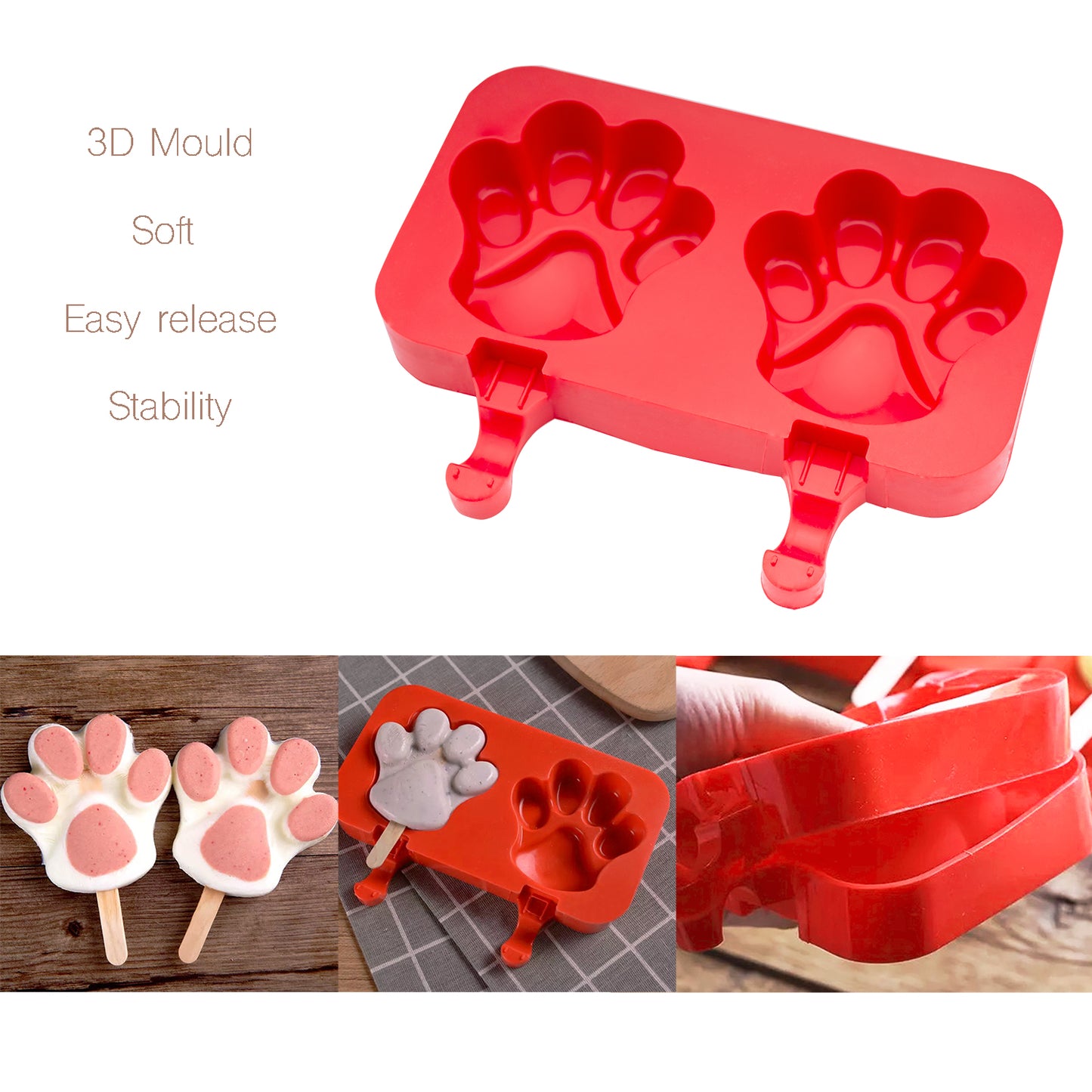 beicemania® アイスキャンデー型 Paw Ice Lolly Maker Paw アイスキャンデー型 シリコーン 木製アイスキャンディー棒付き