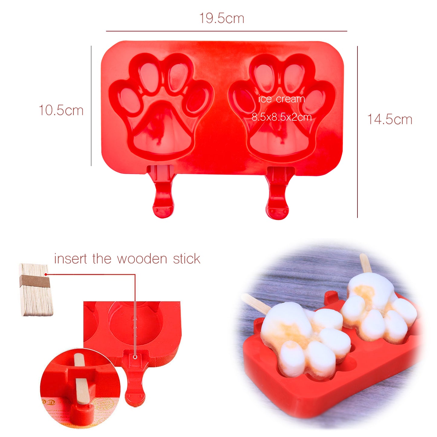 beicemania® アイスキャンデー型 Paw Ice Lolly Maker Paw アイスキャンデー型 シリコーン 木製アイスキャンディー棒付き