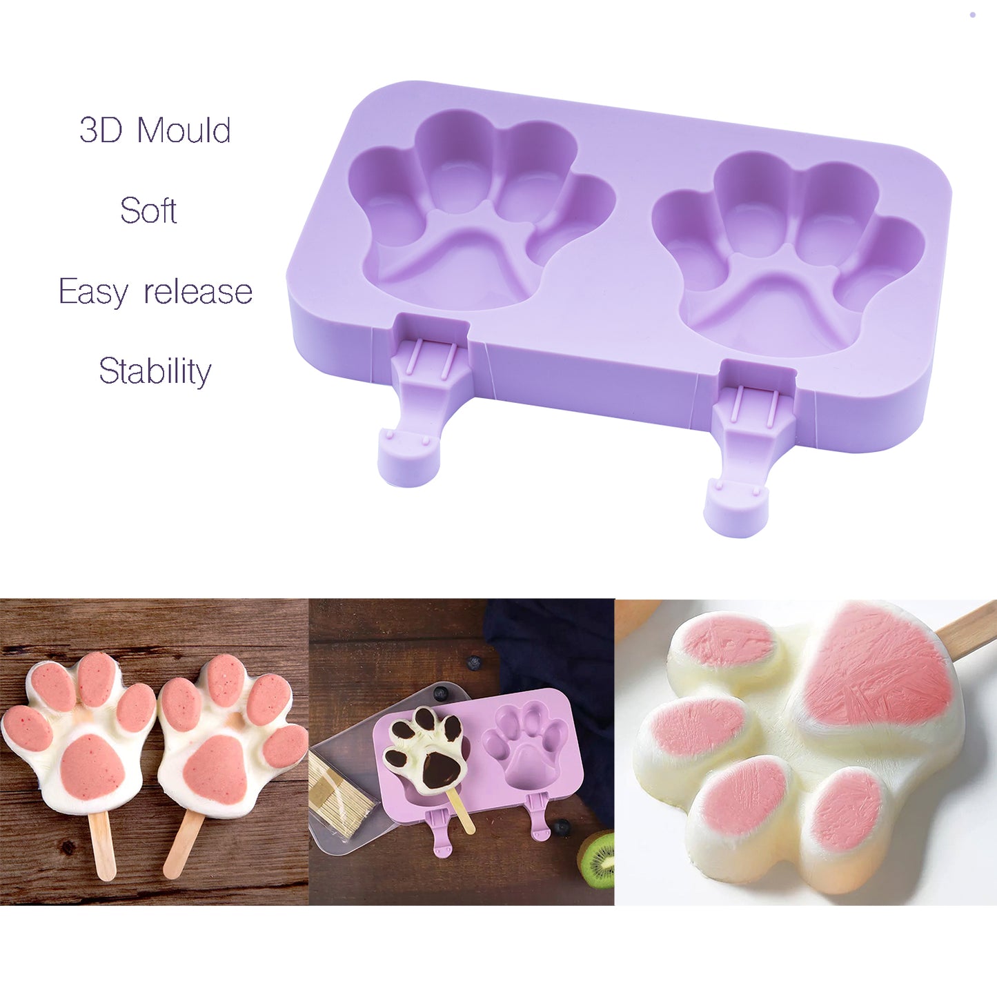 beicemania® アイスキャンデー型 Paw Ice Lolly Maker Paw アイスキャンデー型 シリコーン 木製アイスキャンディー棒付き