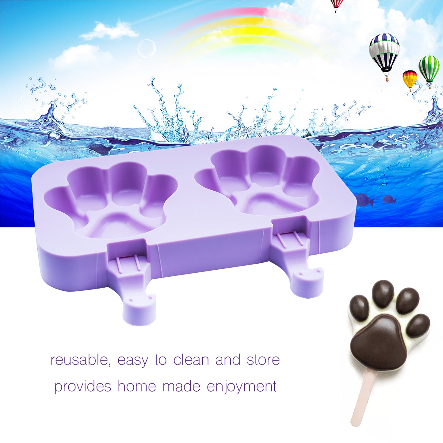 beicemania® アイスキャンデー型 Paw Ice Lolly Maker Paw アイスキャンデー型 シリコーン 木製アイスキャンディー棒付き
