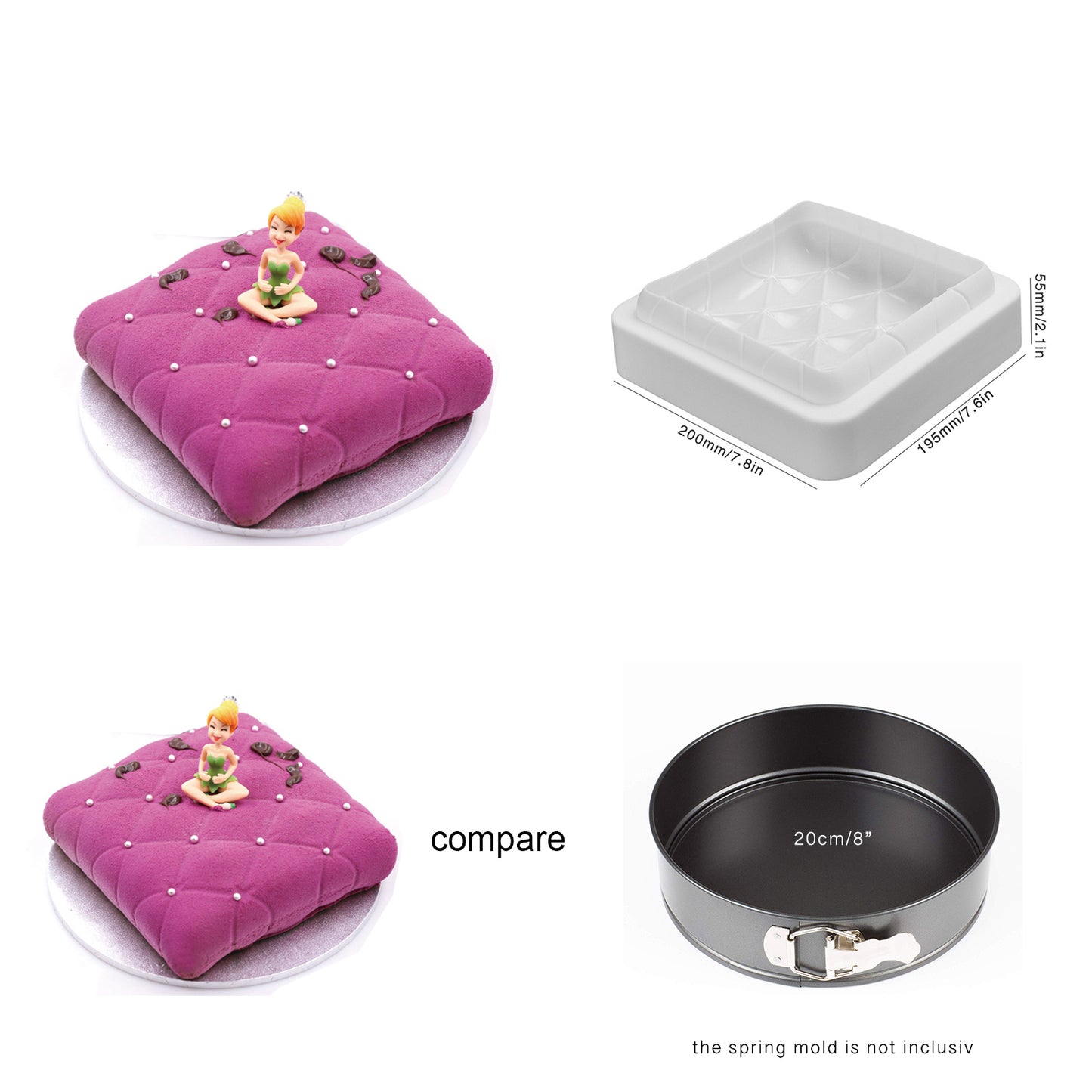 beicemania® Large Cake tin 8inch Square Cake tin 3D Cake tins Mousse Cake molds Silicone White Pillow Stripe
